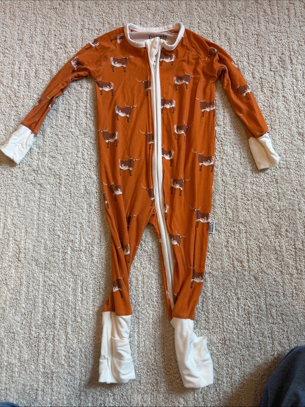 Cozy Burnt Orange Longhorn Print Footed One-Piece Pajama - Neutral Trim